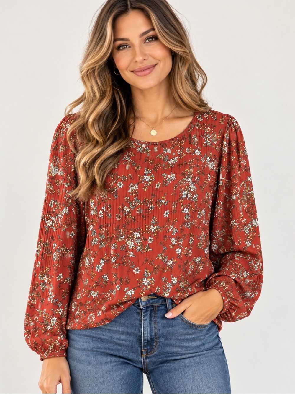 Max Studio Floral Pleated Blouse Size M Rust Orange Long Sleeve Boho Cottagecore